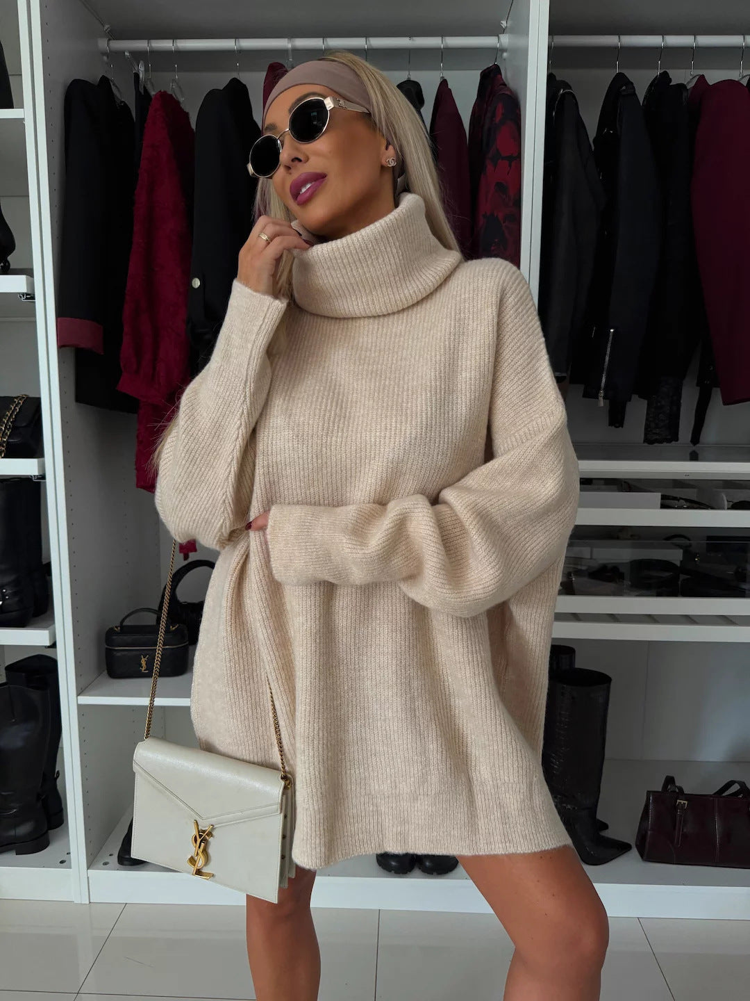 Women's cozy chunky knit mini dress with extra high turtleneck and oversized fit Mune Fashion