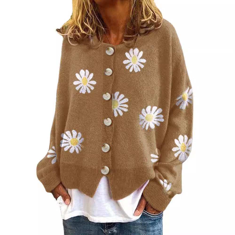 Women's Oversized Knit Cardigan with Button Placket and Daisy Print Mune Fashion