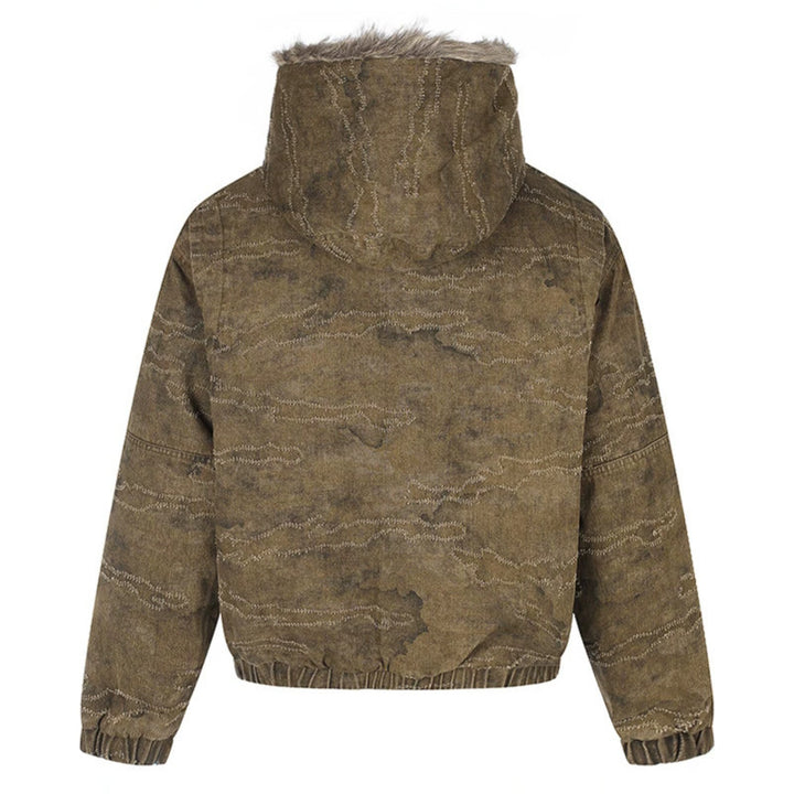 Women Padded Hooded Bomber Jacket with Faux Fur Trim, Camouflage Effect and Elastic Hem Mune Fashion