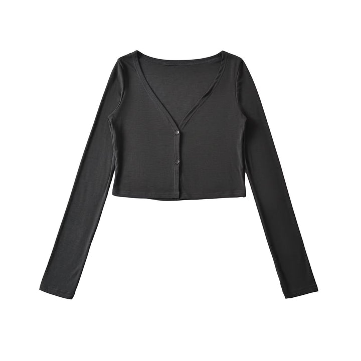 Women Cropped Jersey Cardigan with Deep V-Neck and Narrow Button Placket Mune Fashion