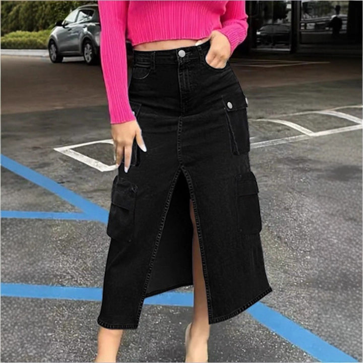 Women's cargo jeans midi skirt with front slit and patch cargo pockets Mune Fashion