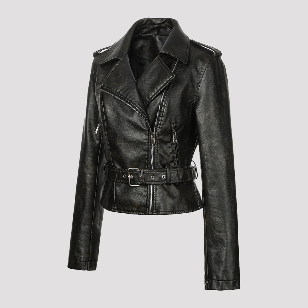 Women's short jacket in biker style made of soft faux leather with asymmetrical zipper and waist belt Mune Fashion
