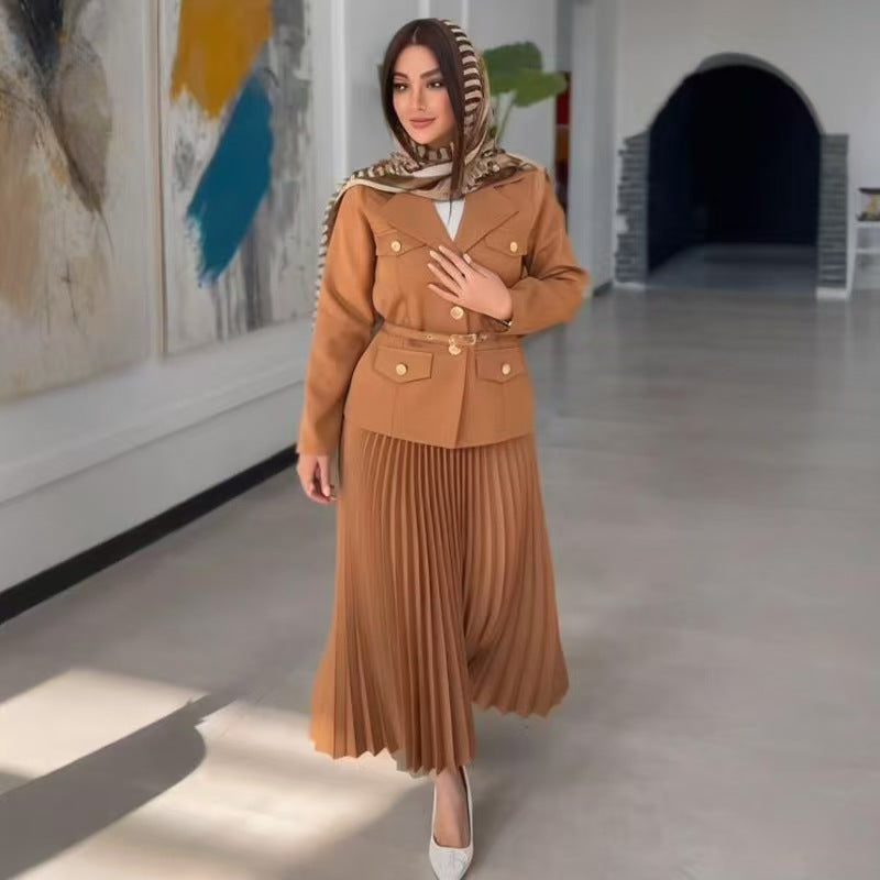 Women's Tailored Blazer with Belt and Pleated Maxi Skirt Set Mune Fashion