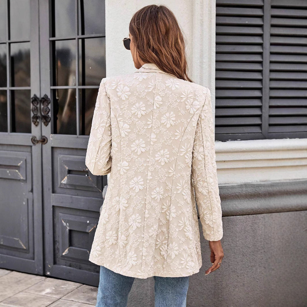 Women's nan floral embroidered long blazer with lapel collar and single-button closure Mune Fashion