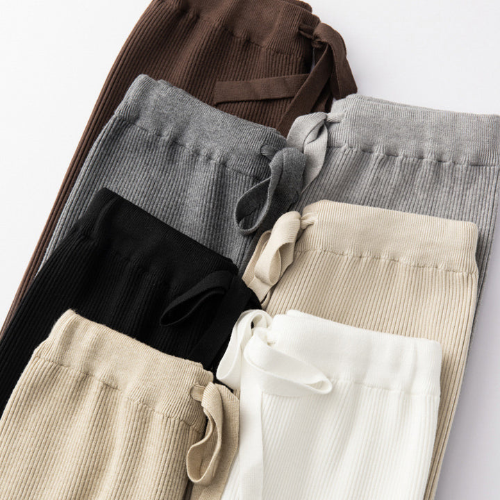 Women’s Wide Ribbed Knit Pants with Drawstring and Flowing Palazzo Silhouette Mune Fashion