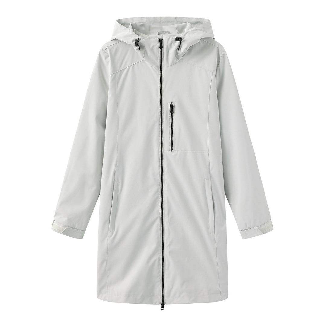 Women's long slim functional rain jacket with full-length zipper, chest zip pocket, and velcro cuffs Mune Fashion