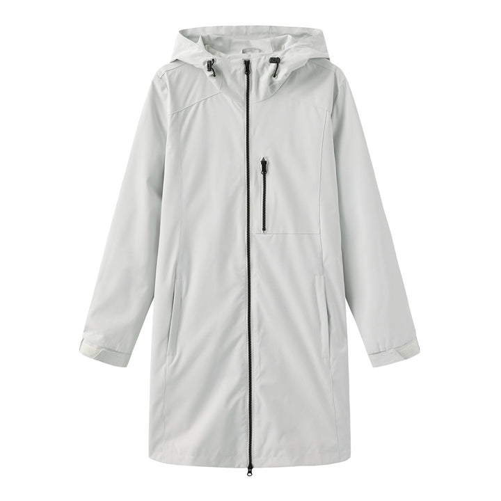 Women's long slim functional rain jacket with full-length zipper, chest zip pocket, and velcro cuffs Mune Fashion