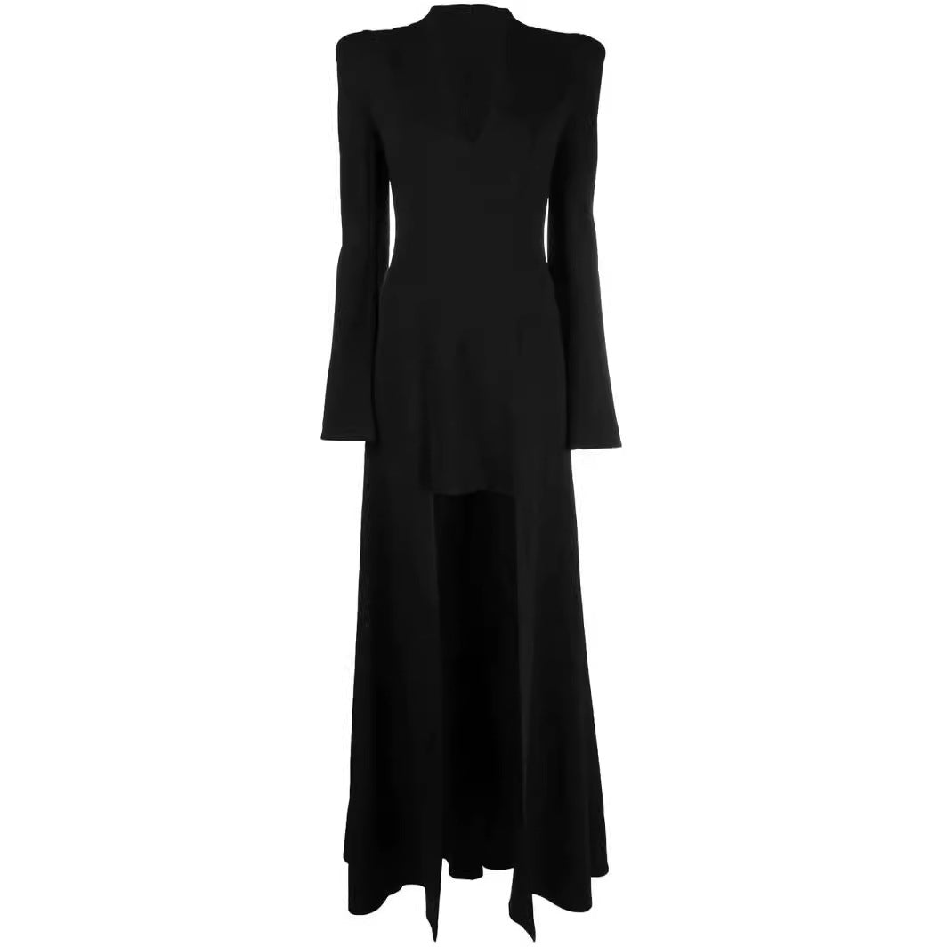 Women's maxi dress in blazer style with pronounced shoulder pads, tailored silhouette and high leg slit Mune Fashion