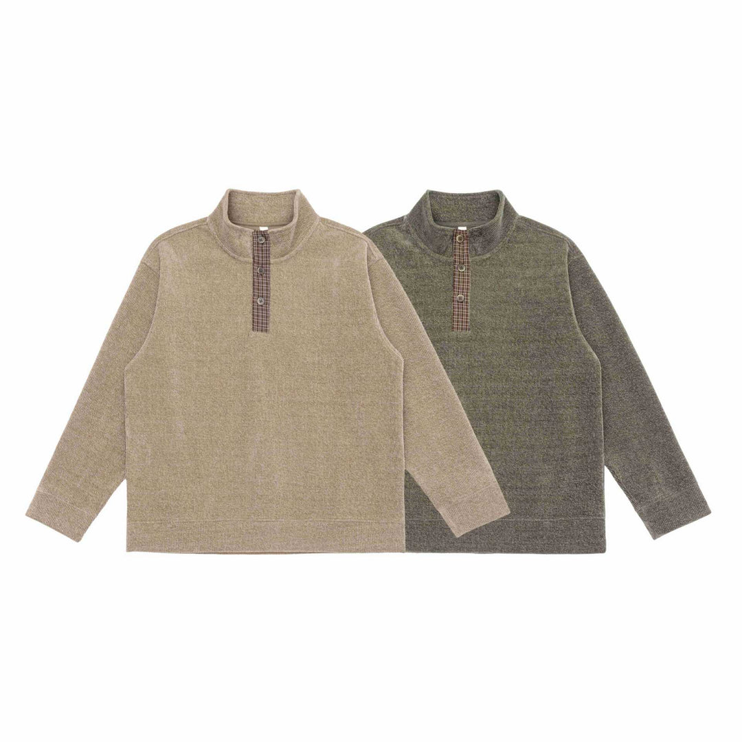 Unisex Fine Structure Half-Zip Sweater with Stand Collar and Checked Button Placket Mune Fashion