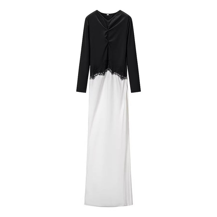 Women's maxi dress with lace insert, gathered front and flowing hem Mune Fashion