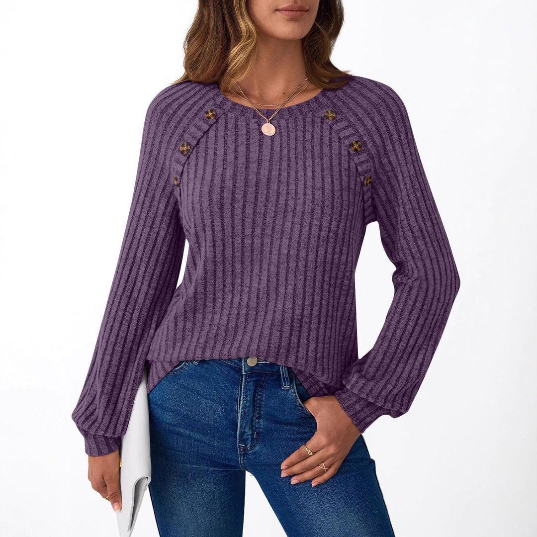 Women's Ribbed Knit Sweater with Decorative Button Placket on Raglan Sleeves Mune Fashion