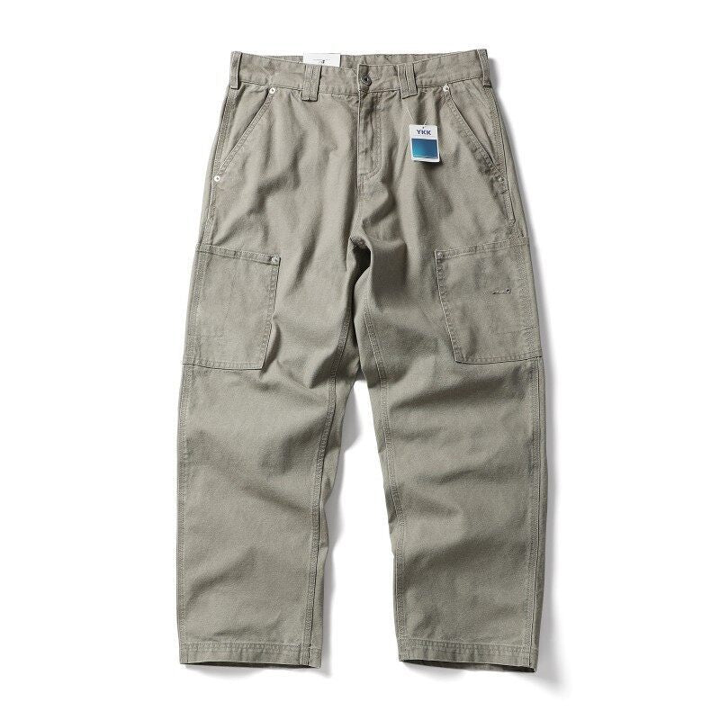 Men's Wide Canvas Cargo Pants with Large Patch Leg Pockets and Relaxed Baggy Cut Mune Fashion
