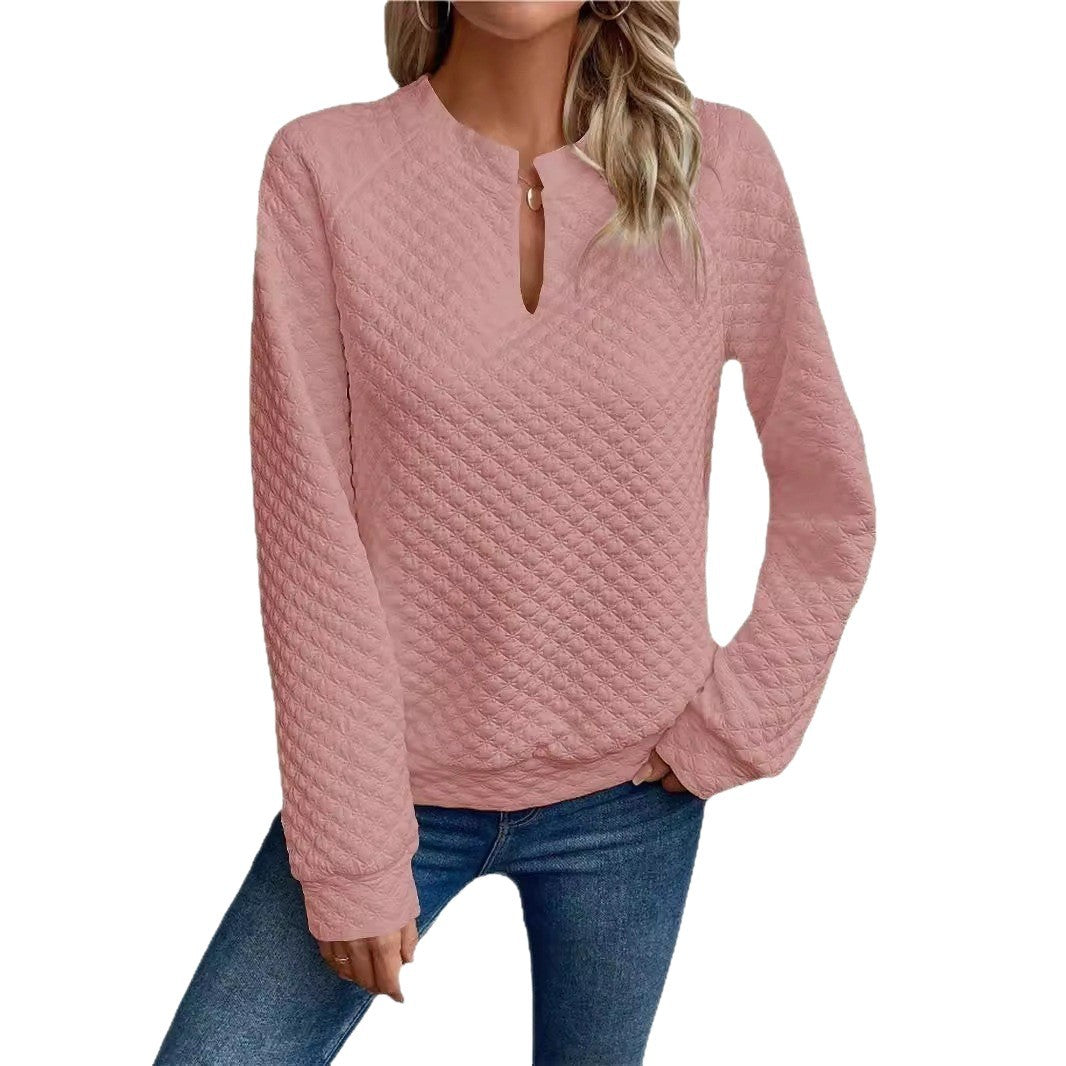 Women Quilted Cozy Sweater with Slit Collar Mune Fashion