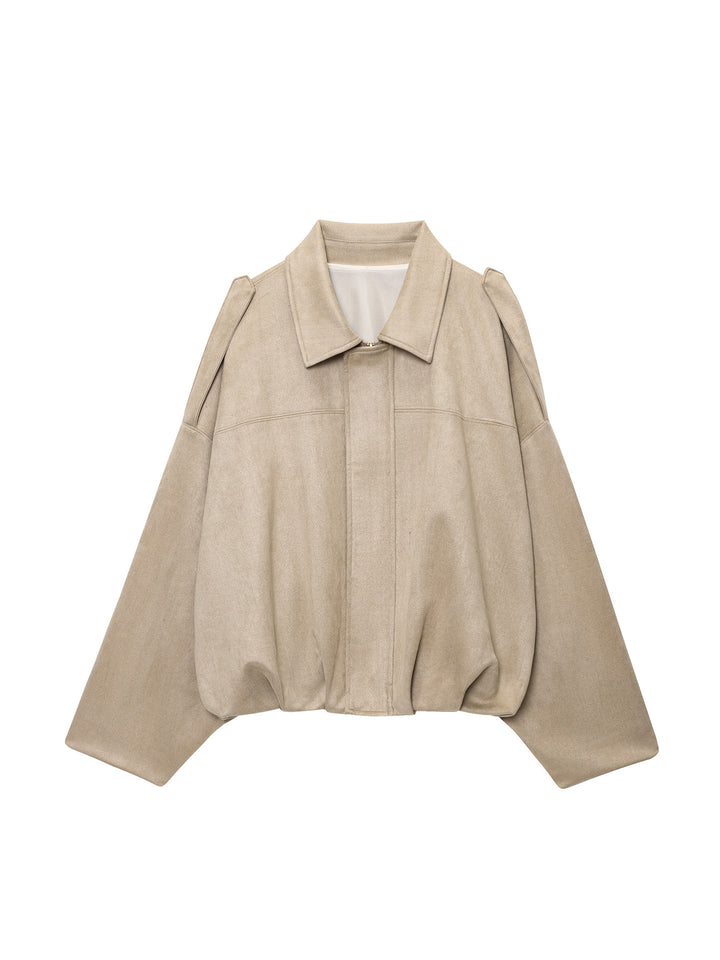 Women slightly oversized short jacket in suede look with lapel collar, shoulder flaps and elastic hem Mune Fashion
