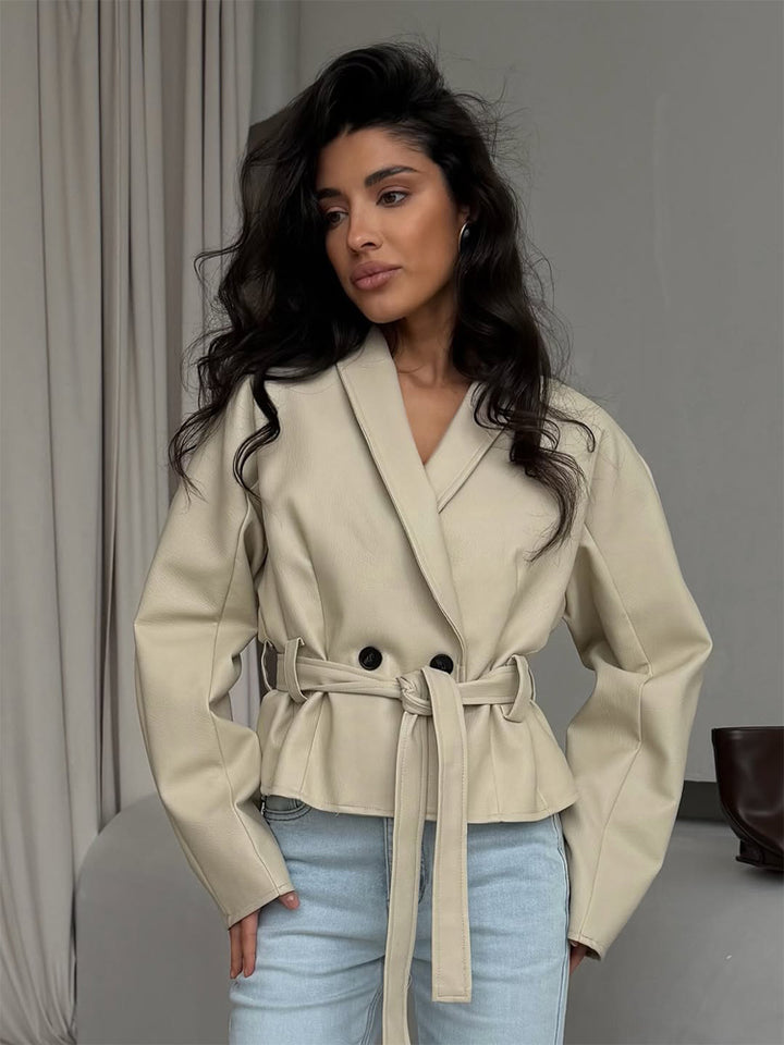 Women's Tailored Faux Leather Jacket with Peplum, Belt & Shawl Collar Mune Fashion
