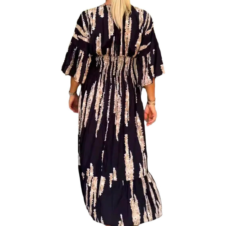 Ladies' V-neck maxi dress with brushstroke pattern, gathered underbust, balloon sleeves, and ruffled tiers Mune Fashion