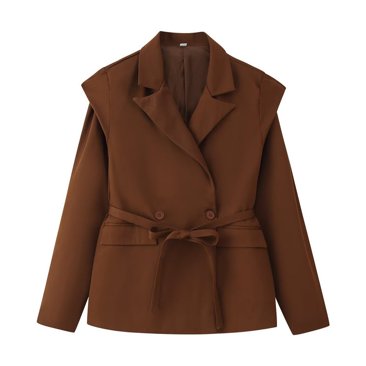 Women Tailored Belted Blazer with Double Button Placket and Notched Lapel Mune Fashion