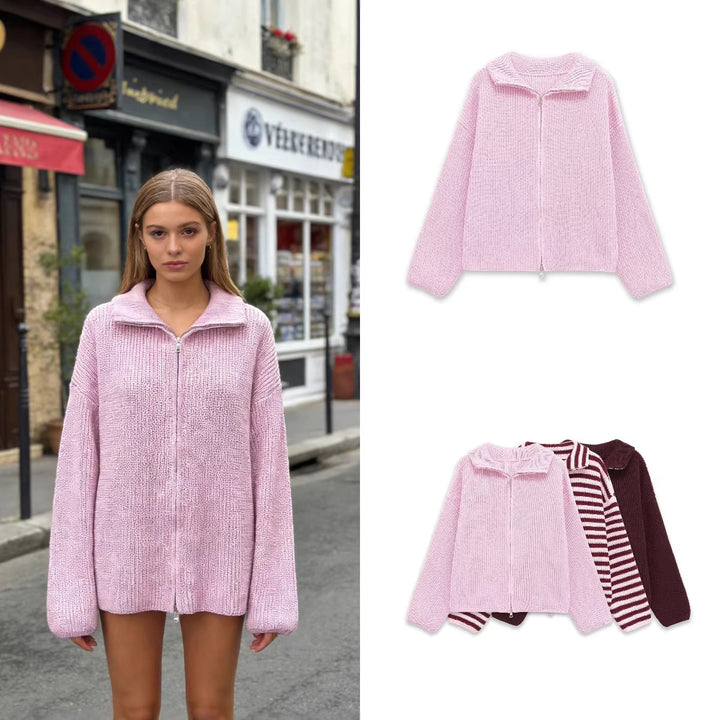 Women's Chunky Knit Zip Cardigan with Stand-up Collar and Oversized Silhouette Mune Fashion