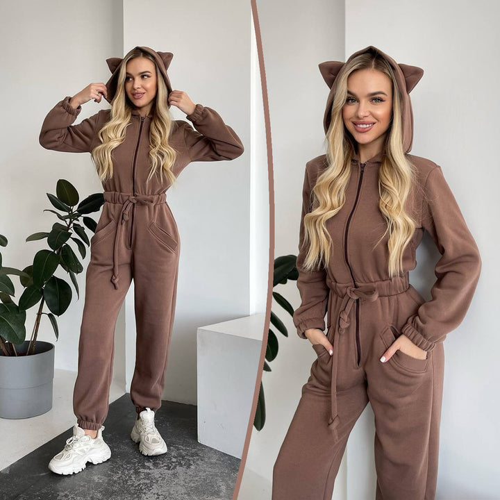 Women Cozy Hooded Overall with Cat Ears and Waist Drawstring Mune Fashion