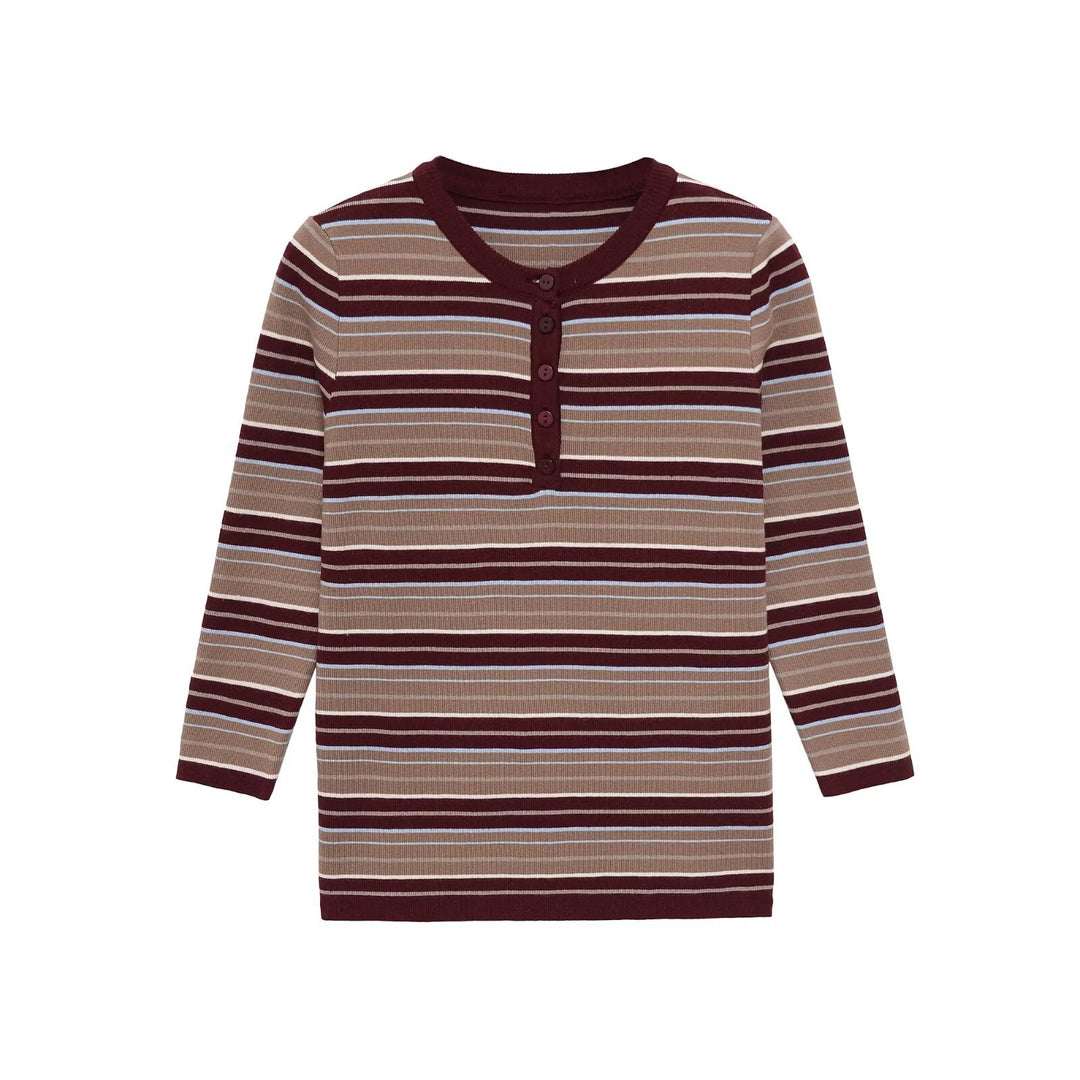 Women Striped Ribbed Henley Shirt with Button Placket and Slim Fit Mune Fashion