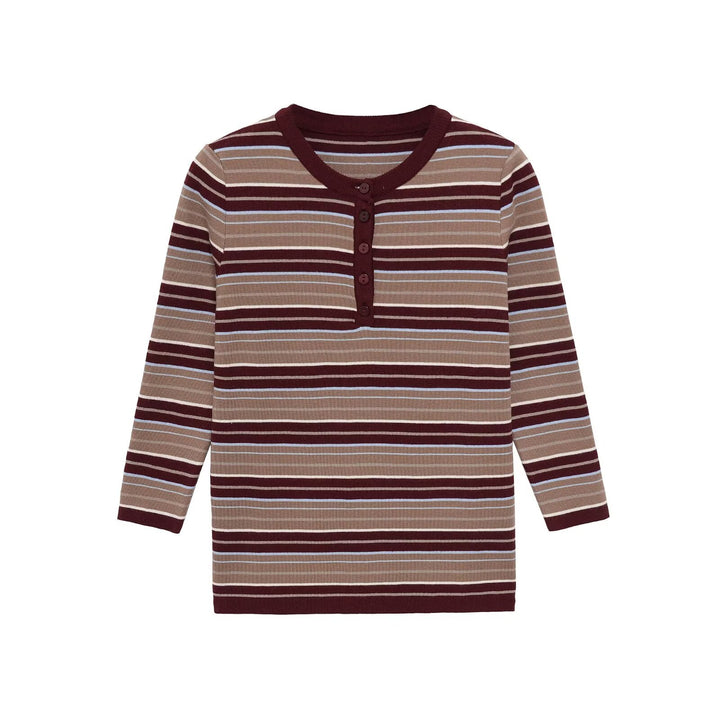 Women Striped Ribbed Henley Shirt with Button Placket and Slim Fit Mune Fashion