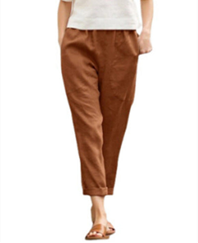 Women's light linen pants with elastic waistband, side pockets, and rolled hem Mune Fashion
