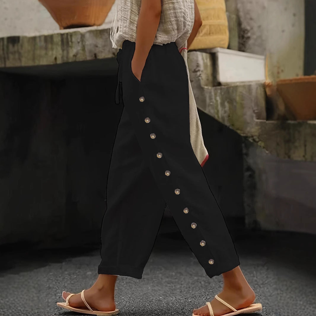 Women's Lightweight Linen Pants with High Waist, Drawstring and Side Snap Detailing Mune Fashion