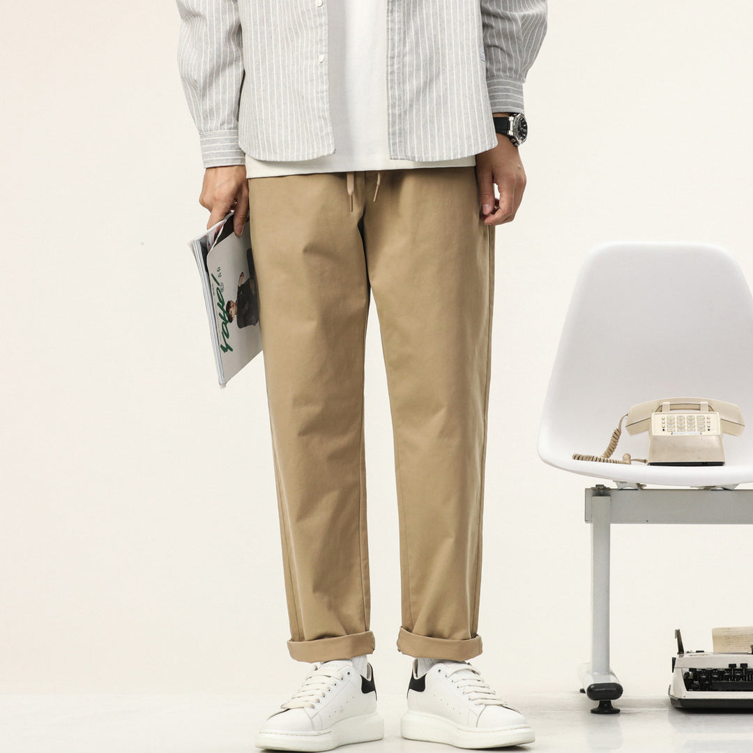 Men's Lightweight Cotton Blend Pants with Elastic Cord Waistband and Straight Leg Mune Fashion
