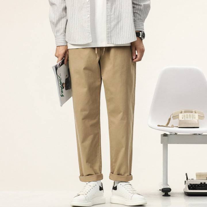 Men's Lightweight Cotton Blend Pants with Elastic Cord Waistband and Straight Leg Mune Fashion