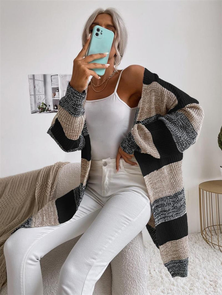 Women Casual Knit Coat with Stripes Mune Fashion