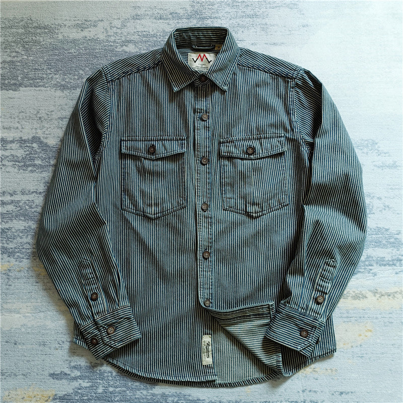 Men's Striped Cotton Worker Shirt with Patch Chest Pockets and Full Button Placket Mune Fashion