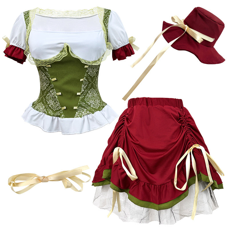 Women's traditional Dirndl costume dress ensemble with adjustable corset bodice and long tiered skirt Mune Fashion
