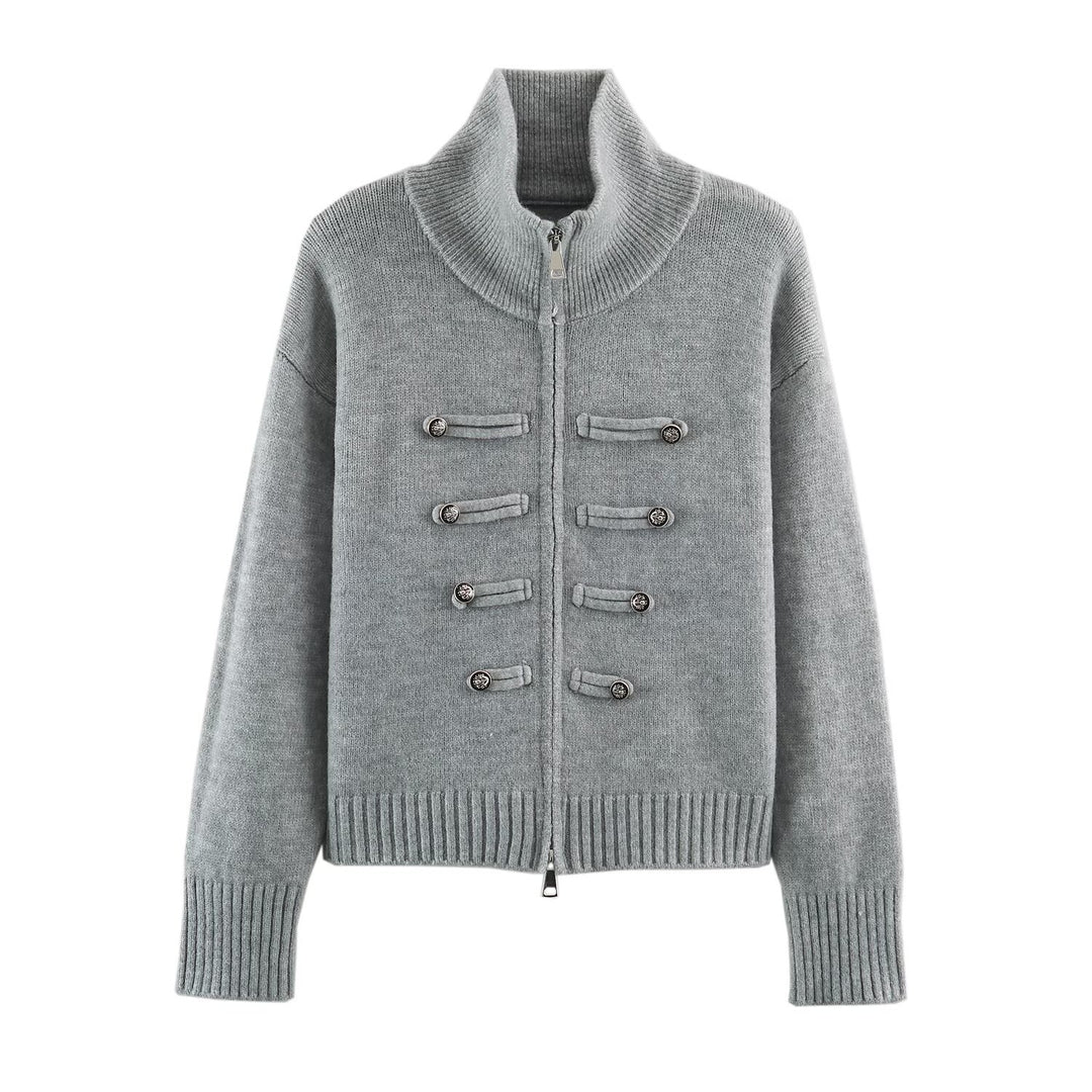 Women's cardigan with zipper, high stand-up collar, and decorative button plackets Mune Fashion