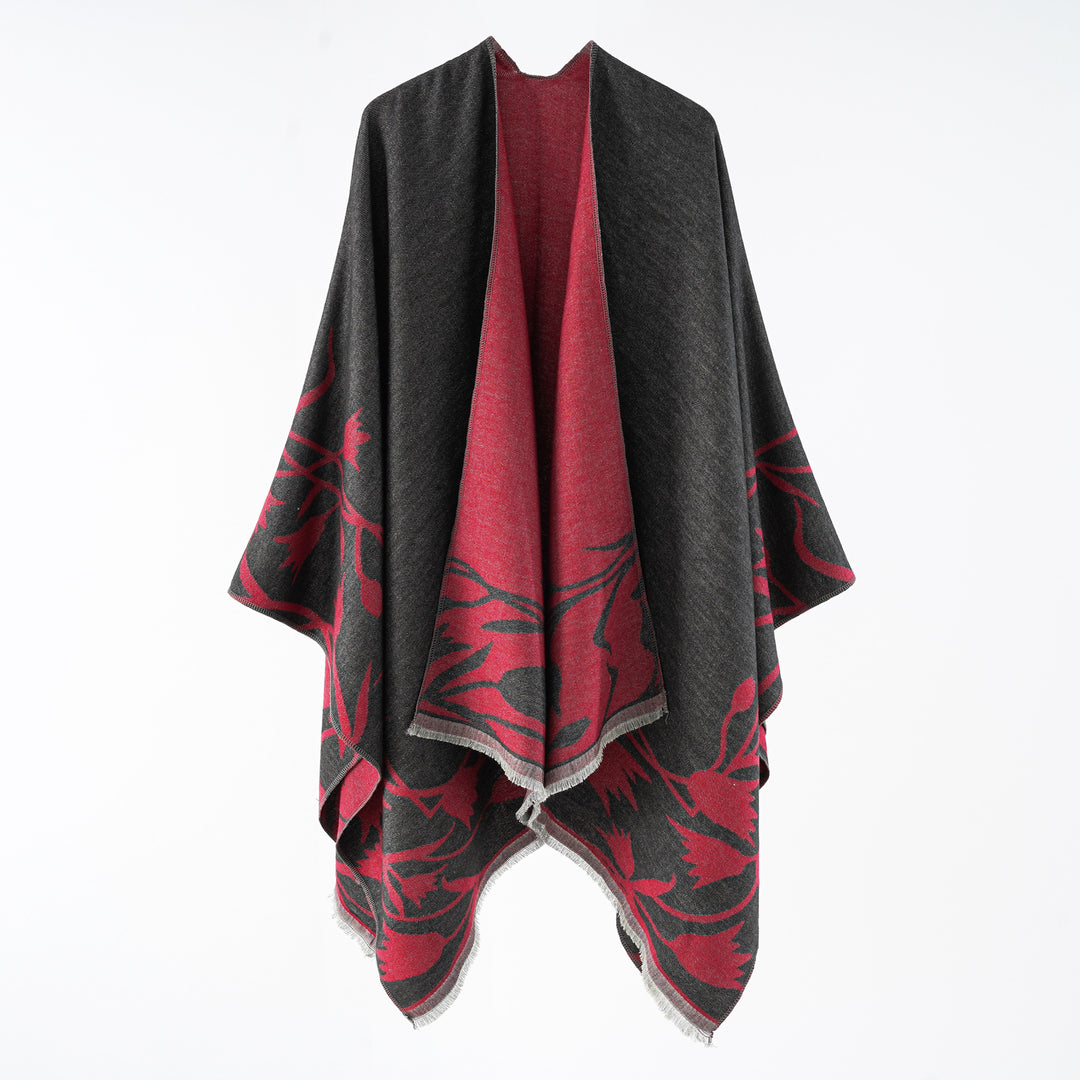 Women's Reversible Oversized Cape Poncho made of Wool Blend with Floral Jacquard Weaving Mune Fashion