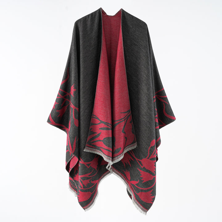 Women's Reversible Oversized Cape Poncho made of Wool Blend with Floral Jacquard Weaving Mune Fashion