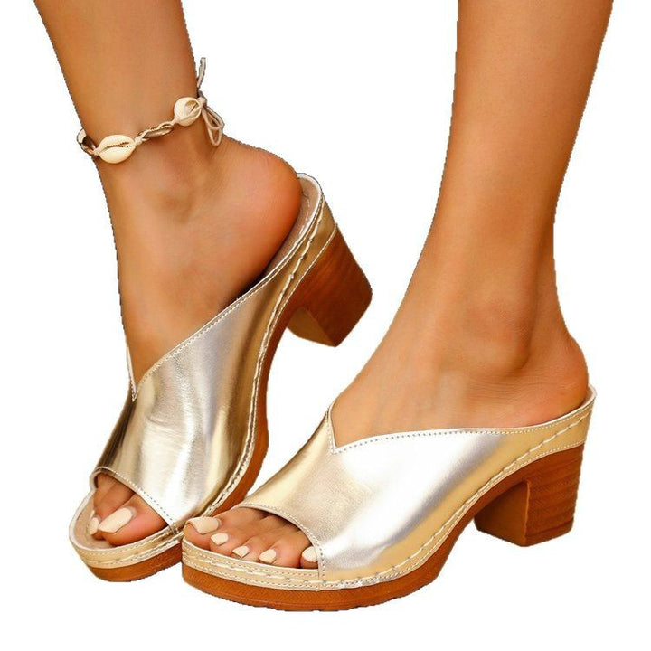 Damen Pantolette mit Metallic-Finish, V‑Ausschnitt und Korkplateau Mune Fashion