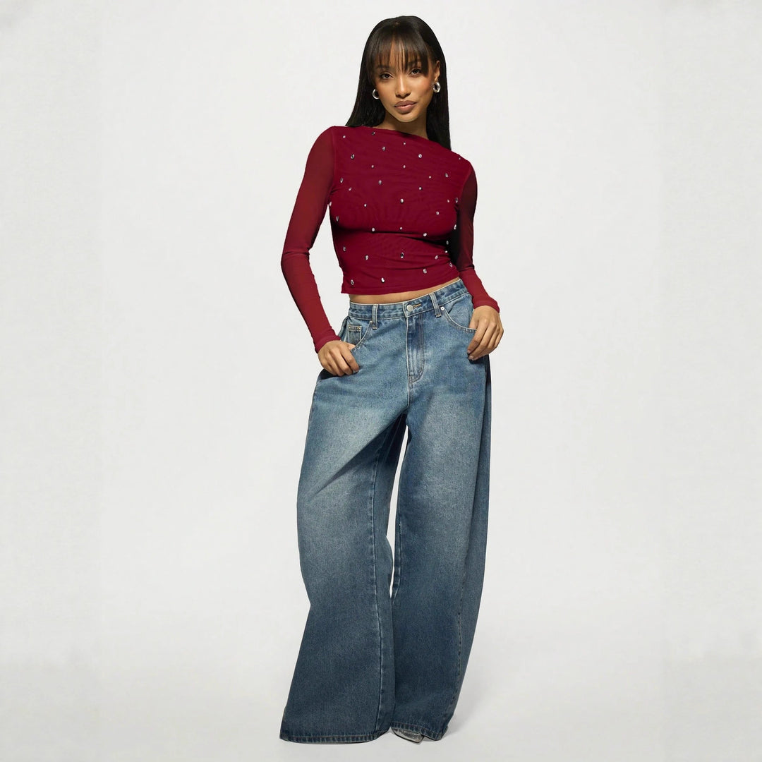 Women's fitted mesh top with rhinestone applications and boat neck Mune Fashion