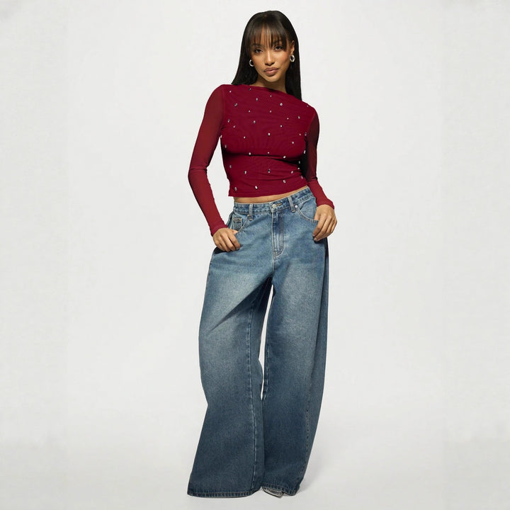 Women's fitted mesh top with rhinestone applications and boat neck Mune Fashion