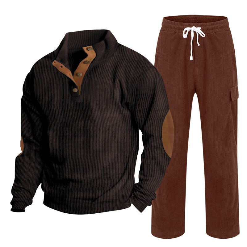 Men's Cozy Leisure Set made of Waffle Knit Henley with Elbow Patch and Relax Cargo Pants Mune Fashion