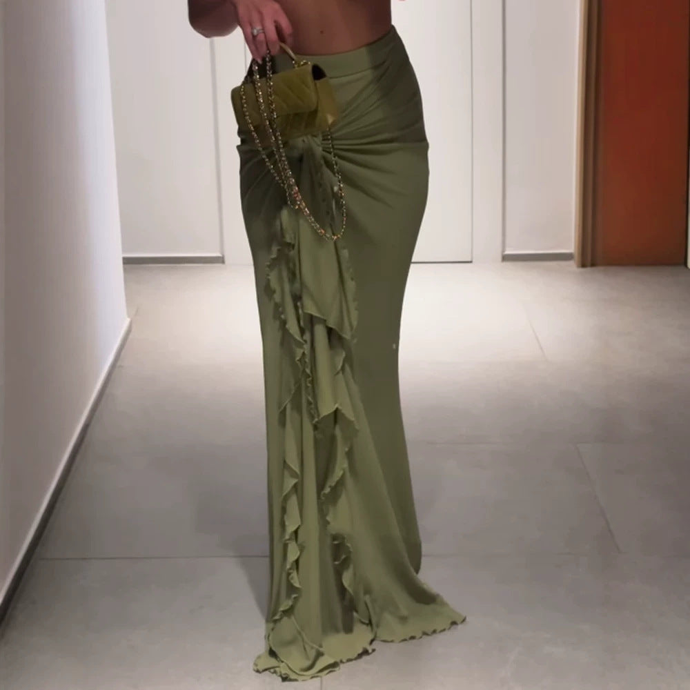 Women's High-Waisted Maxi Skirt with Asymmetrical Gathering, Knot Detail, and Ruffle Slit Mune Fashion