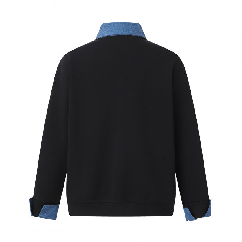 Unisex Oversize-Halfzip-Sweatshirt with contrasting shirt collar and denim cuffs Mune Fashion