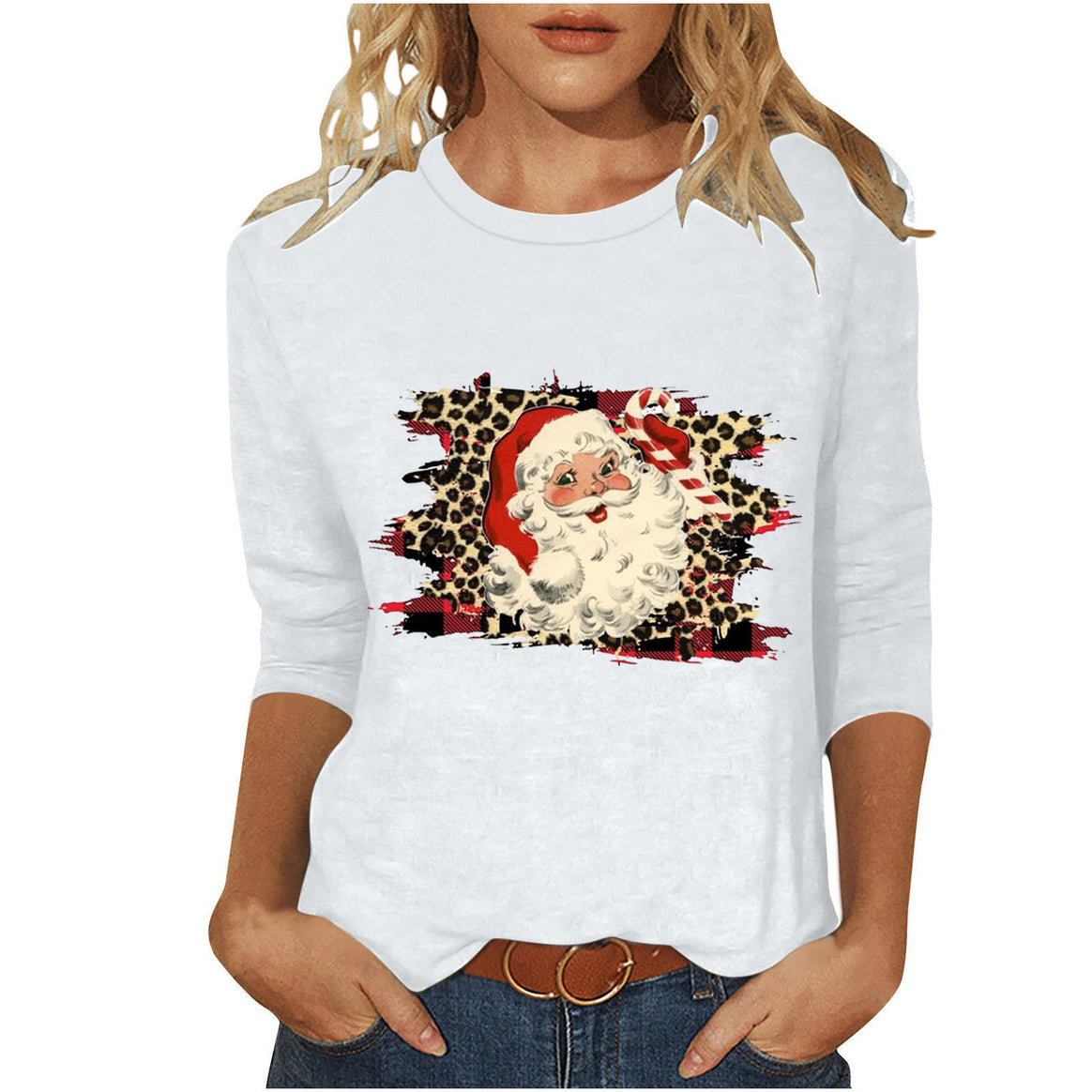 Women's casual sweatshirt with retro Santa print, leopard and check pattern, and three-quarter sleeves Mune Fashion