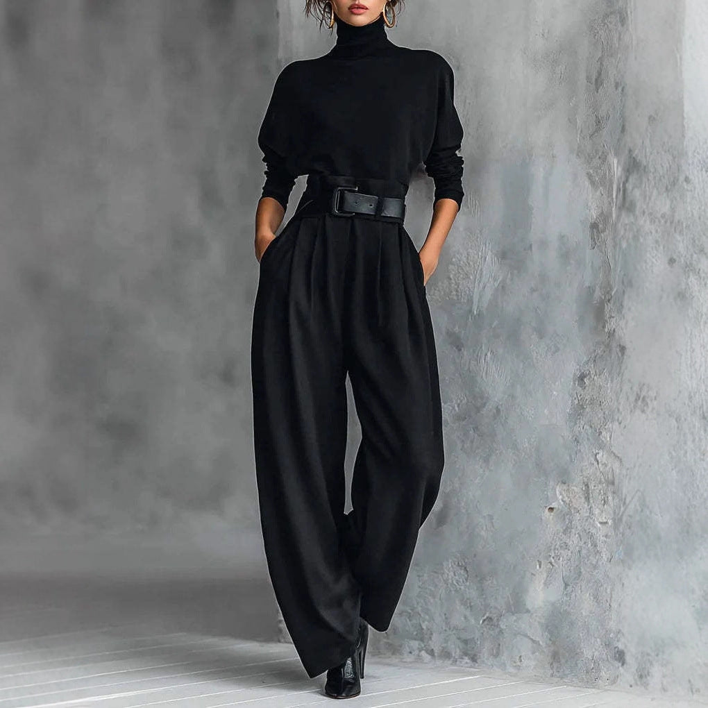 Ladies high-cut elegant pleated trousers with wide leg and roll-neck fine-knit top Mune Fashion