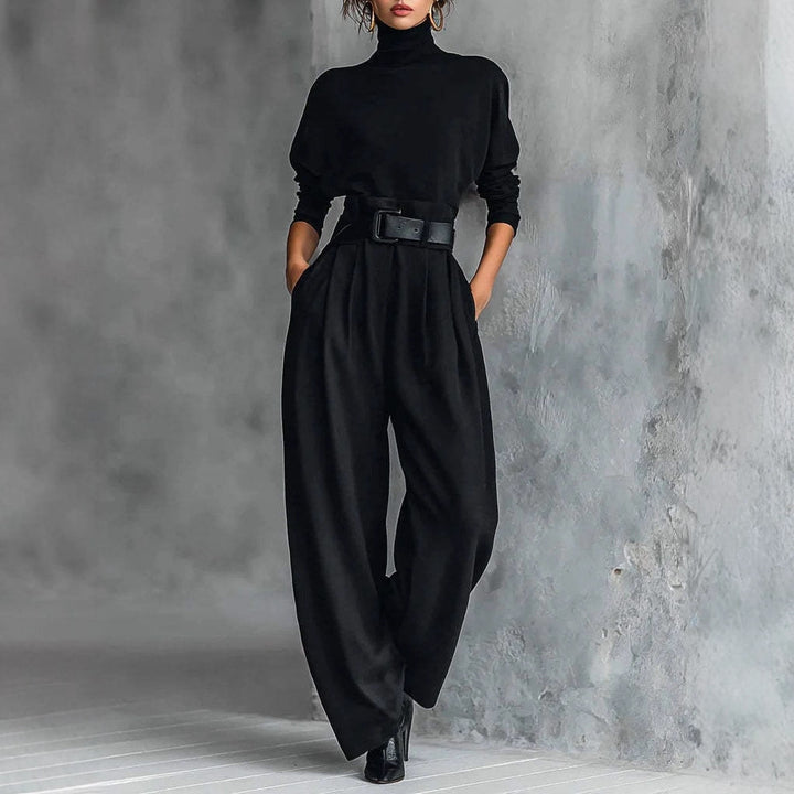 Ladies high-cut elegant pleated trousers with wide leg and roll-neck fine-knit top Mune Fashion
