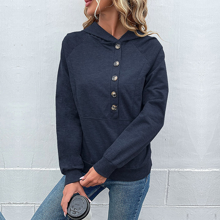 Ladies hooded sweatshirt with asymmetric button placket and raglan sleeves Mune Fashion