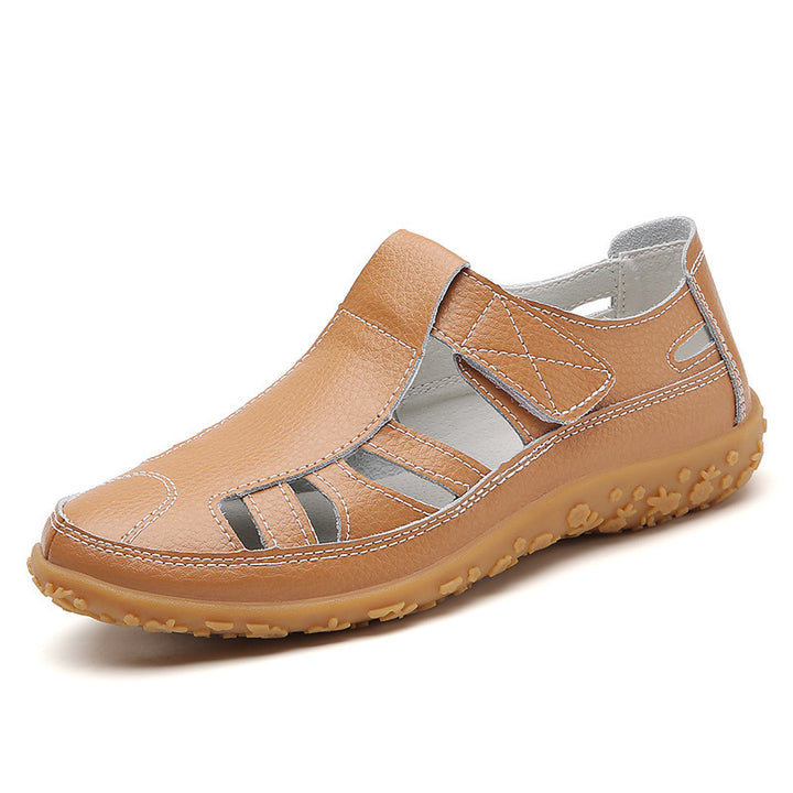 Ladies closed leather summer shoe with cutouts hook and loop fastener and cushioning nub sole Mune Fashion