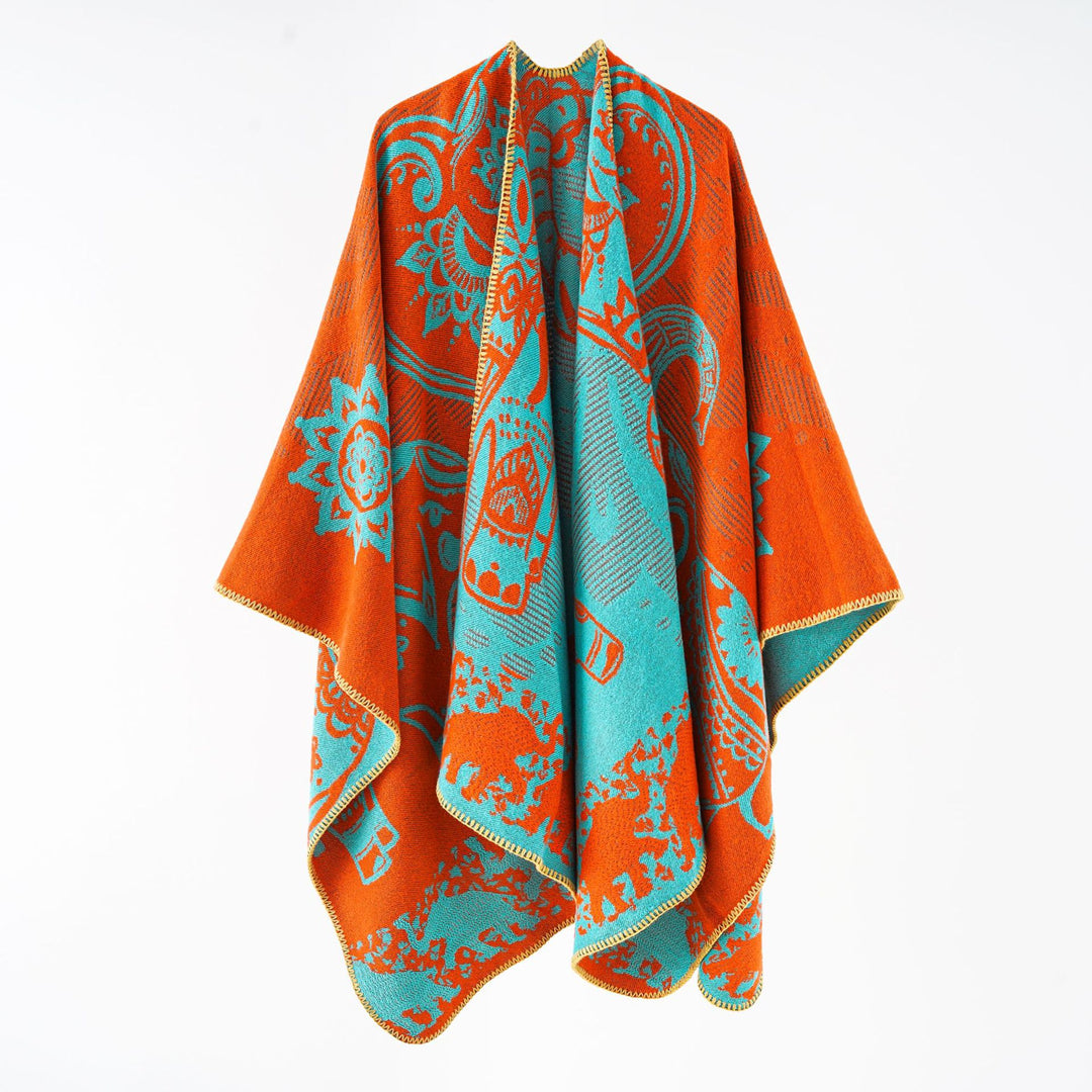 Women's jacquard throw poncho with double-sided woven texture and decorative stitch edge Mune Fashion