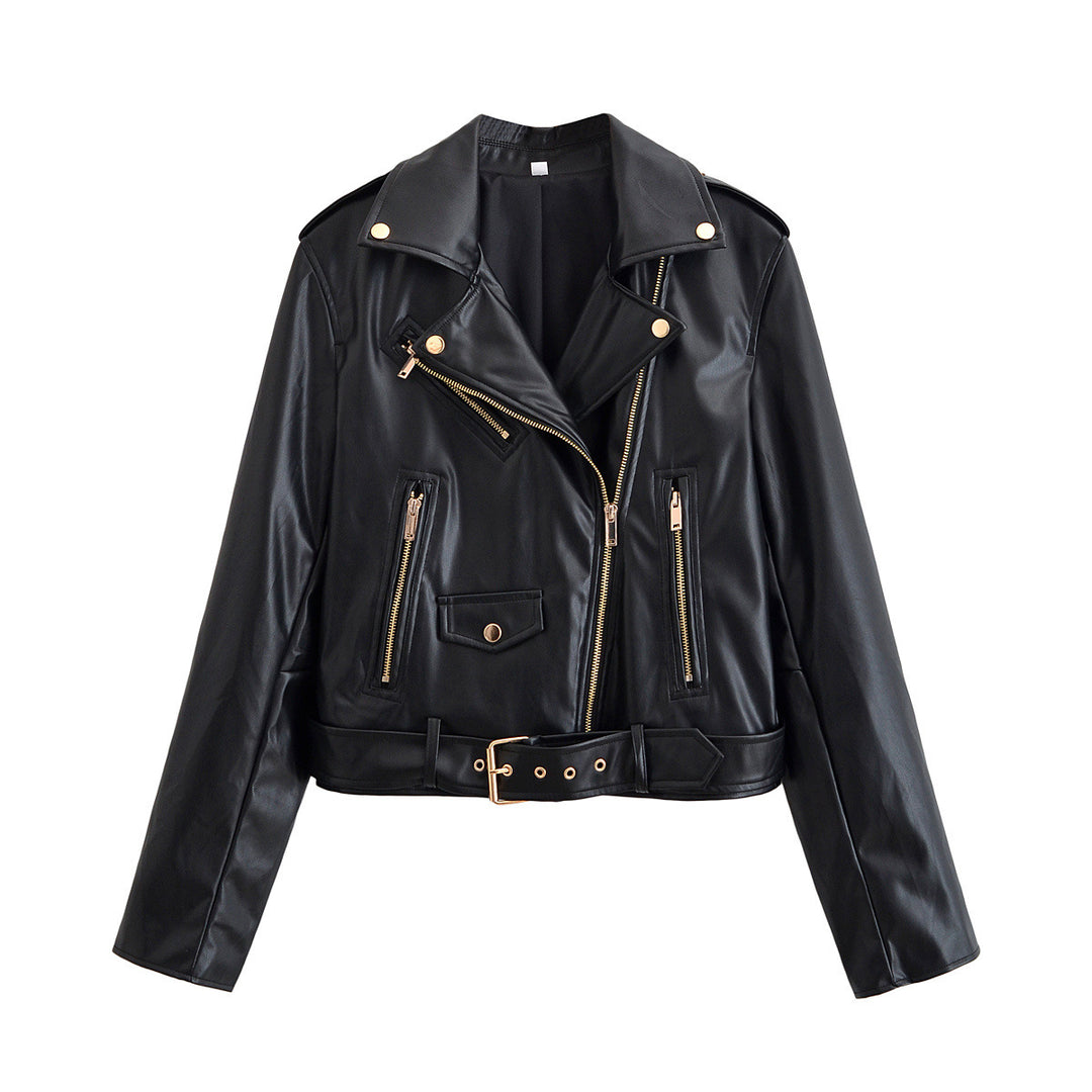 Women's biker jacket made of faux leather with asymmetrical zipper, waist belt, and gold-colored details Mune Fashion