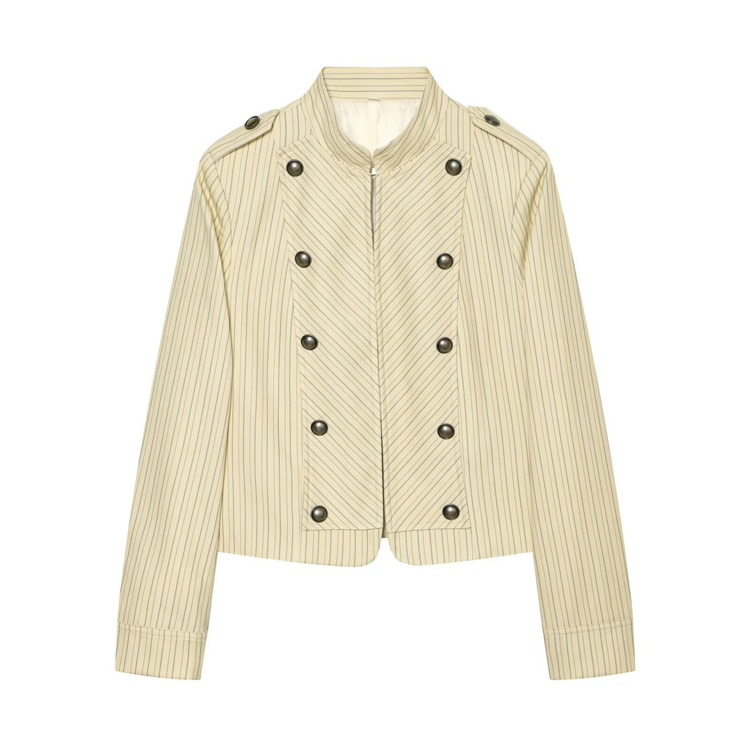 Ladies Short Double-Breasted Military Jacket with Stand-up Collar and Epaulettes Mune Fashion
