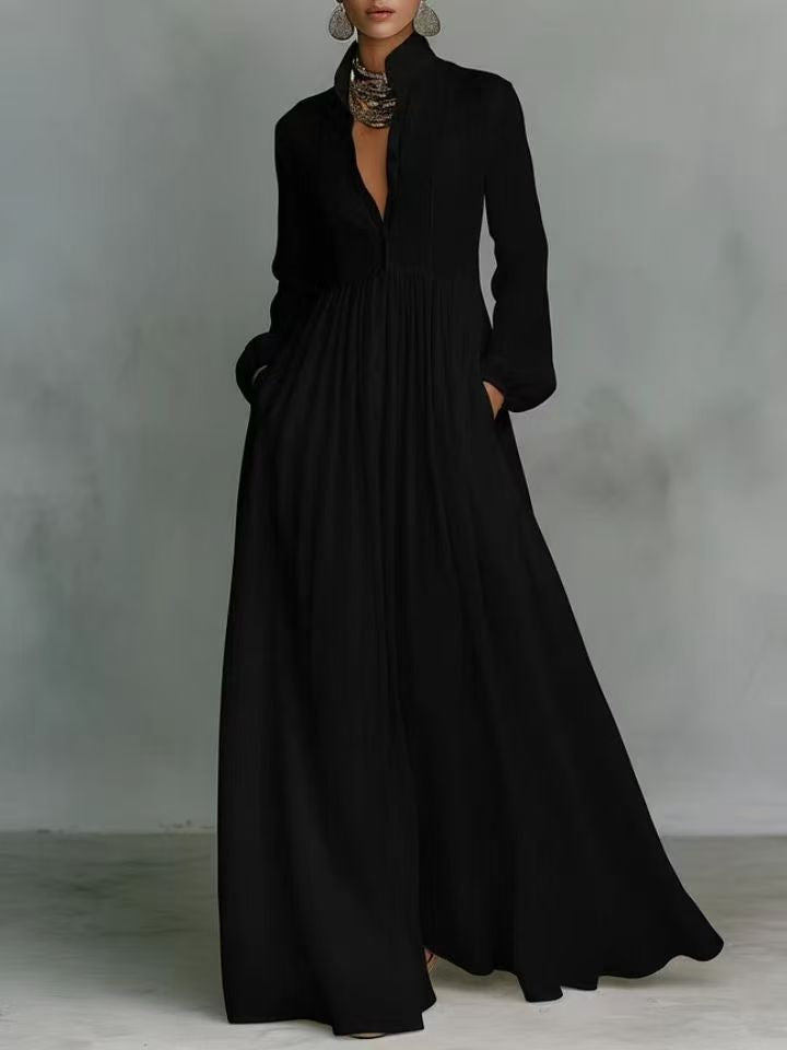 Women’s maxi dress with stand-up collar, button placket, and side pockets Mune Fashion